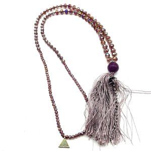 Serefina Signed Iridescent Beaded Necklace Tassel Pendant Glam Bling Sparkle